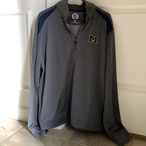 Univ of Michigan 3/4 quarter zip. Gray with navy trim on shoulders.